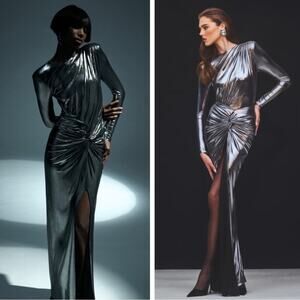 RETROFETE Fenella Long Sleeve Ruched Twist Metallic Gunmetal Maxi Dress Size S